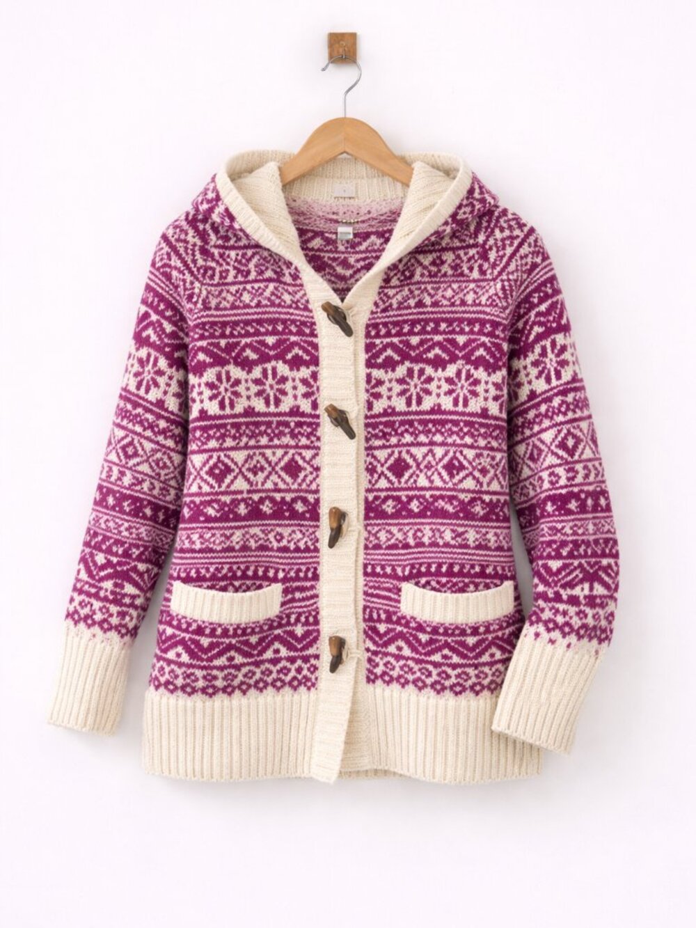 Fair‎ Isle Toggle Hooded Cardigan Sweater Purple Size S